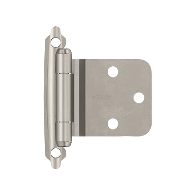 Satin nickel self-closing cabinet hinge with reverse bevel design for face mount installation in home improvement projects