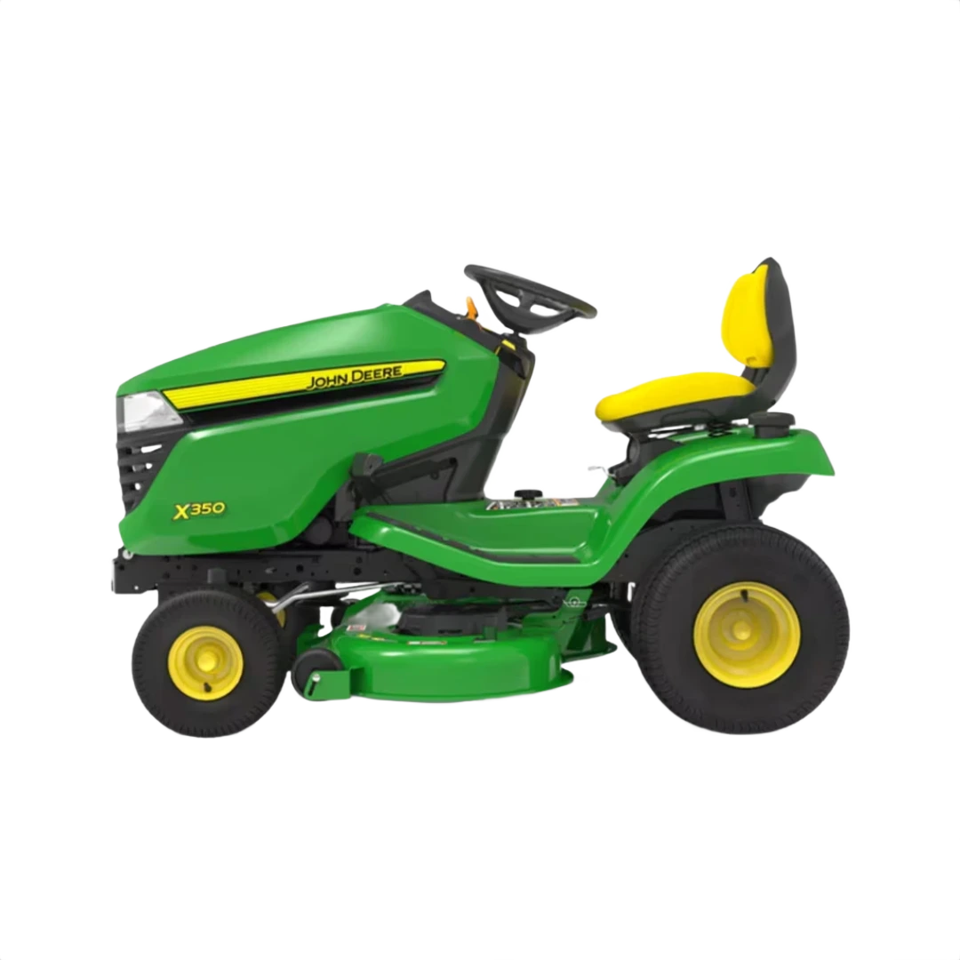 Green John Deere X350 lawn tractor with yellow seat and 42-inch Accel Deep Deck for outdoor power equipment and lawn care tools