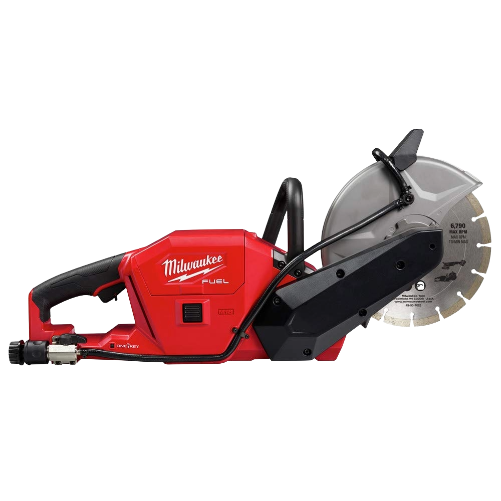 Red and black cordless cut-off saw with 9-inch blade and ergonomic handle for tools and home improvement use