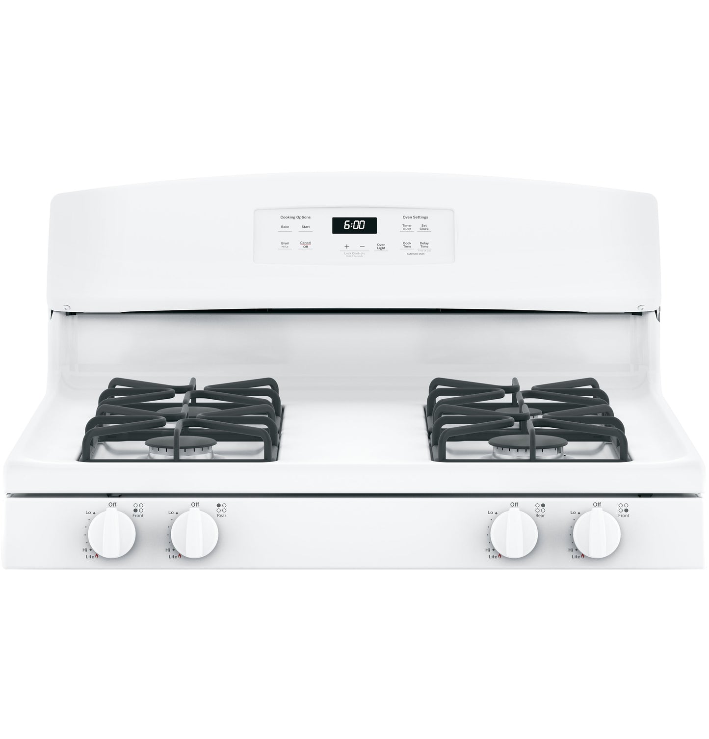 White free-standing gas range with four burners and digital control panel from Ranges and Gas Ranges collections