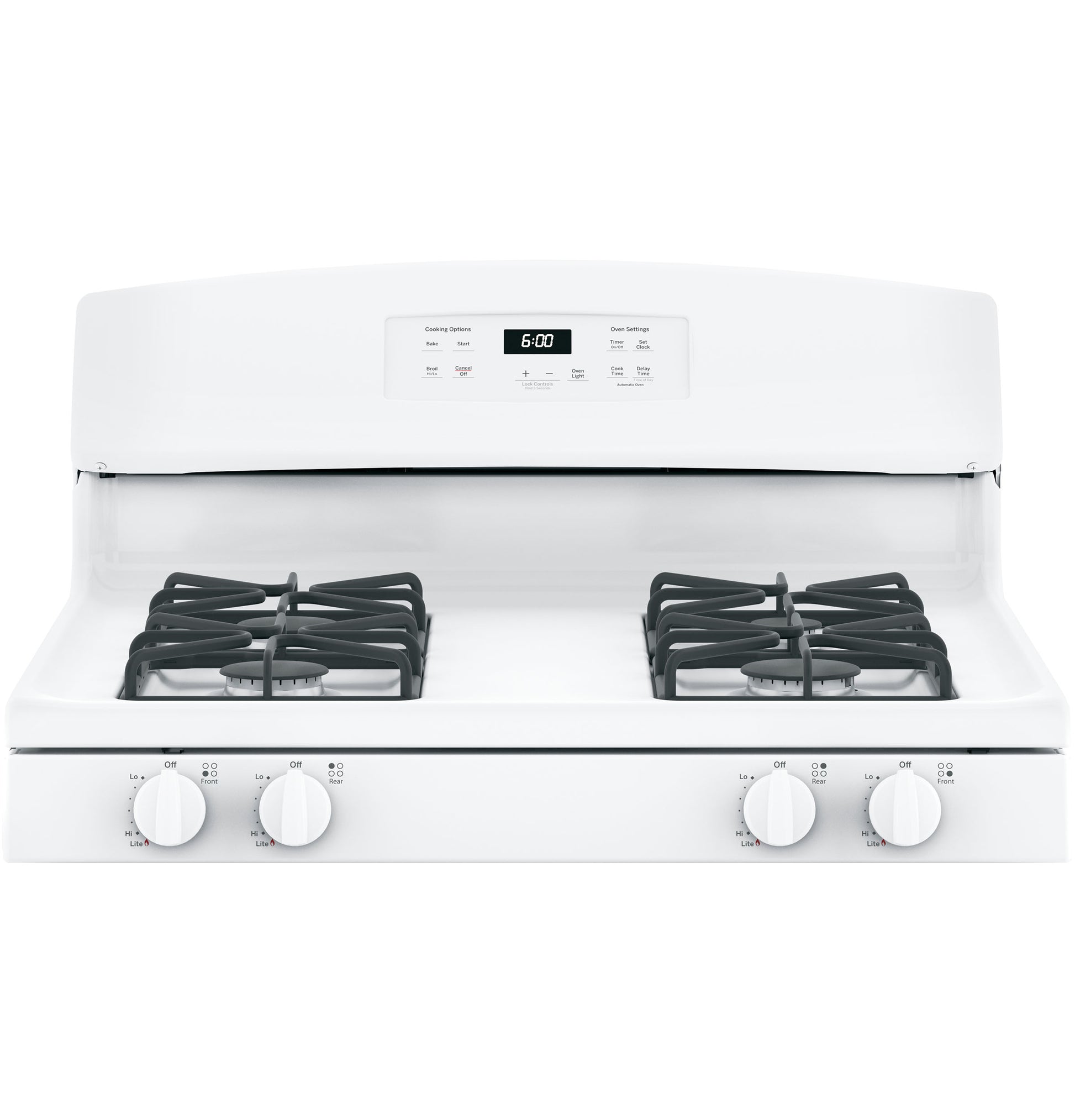 White free-standing gas range with four burners and digital control panel from Ranges and Gas Ranges collections