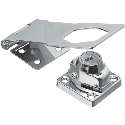 Chrome finish keyed lock with matching hinged hasp for secure door and gate hardware applications under $50