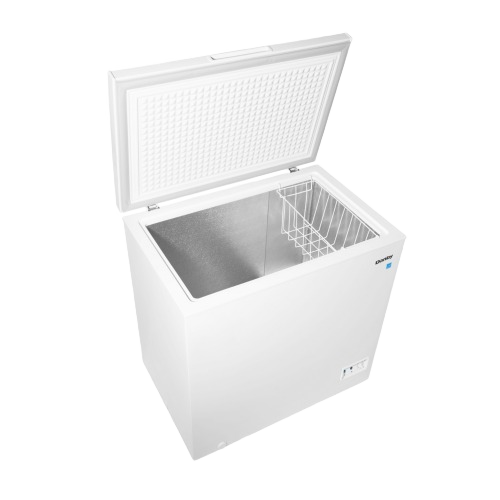 White chest freezer with hinged lid open, single wire basket, and up front temperature control from Freezers & Ice Makers collection