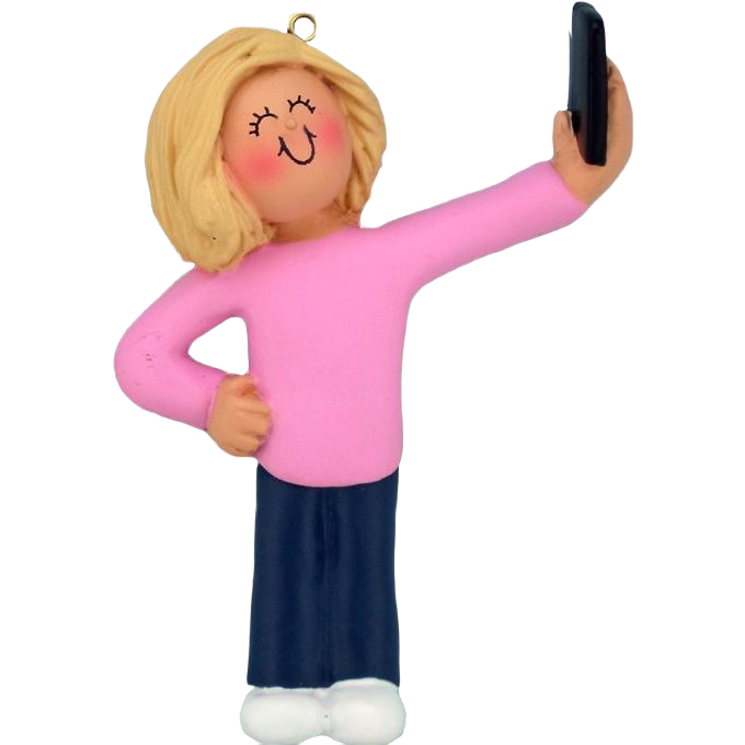 Blonde female figurine wearing pink top taking a selfie for Christmas Ornaments & Tree Decorations under $50