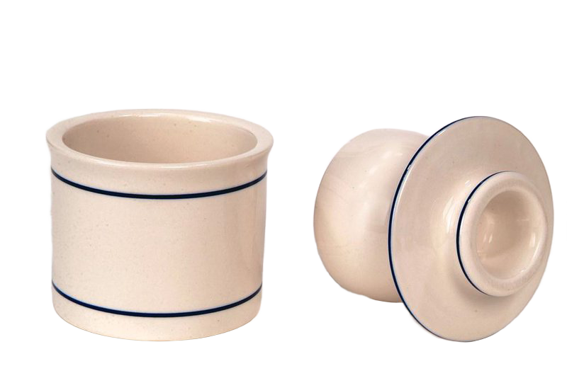 Cream-colored stoneware butter keeper with simple blue line accents for kitchenware and home use