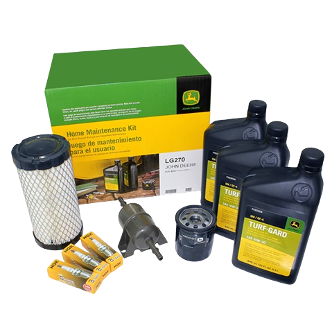 John Deere home maintenance kit with oil bottles, spark plugs, air filter, fuel filter, and oil filter for tools use