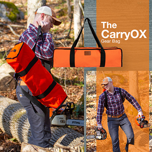 Orange and black carry bag designed for easy transport of log handling tools during outdoor home improvement tasks