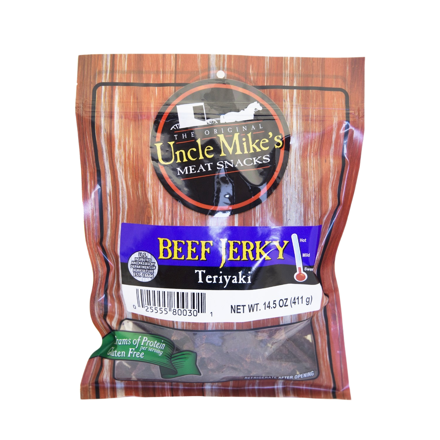 Package of Uncle Mike's teriyaki-flavored beef jerky, gluten-free snack from Chips & Snacks and Food & Beverage collections