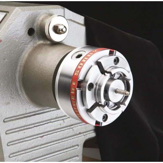 Compact metal mini screw chuck attached to lathe spindle for woodworking tool accessories and home improvement.