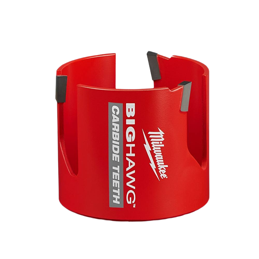 Red carbide-tooth hole saw bit designed for aggressive cutting in woodworking tools and home improvement collections