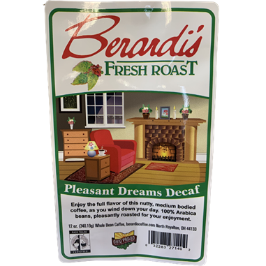 Bag of Berardi's Pleasant Dreams decaf coffee beans with cozy living room illustration and green accents