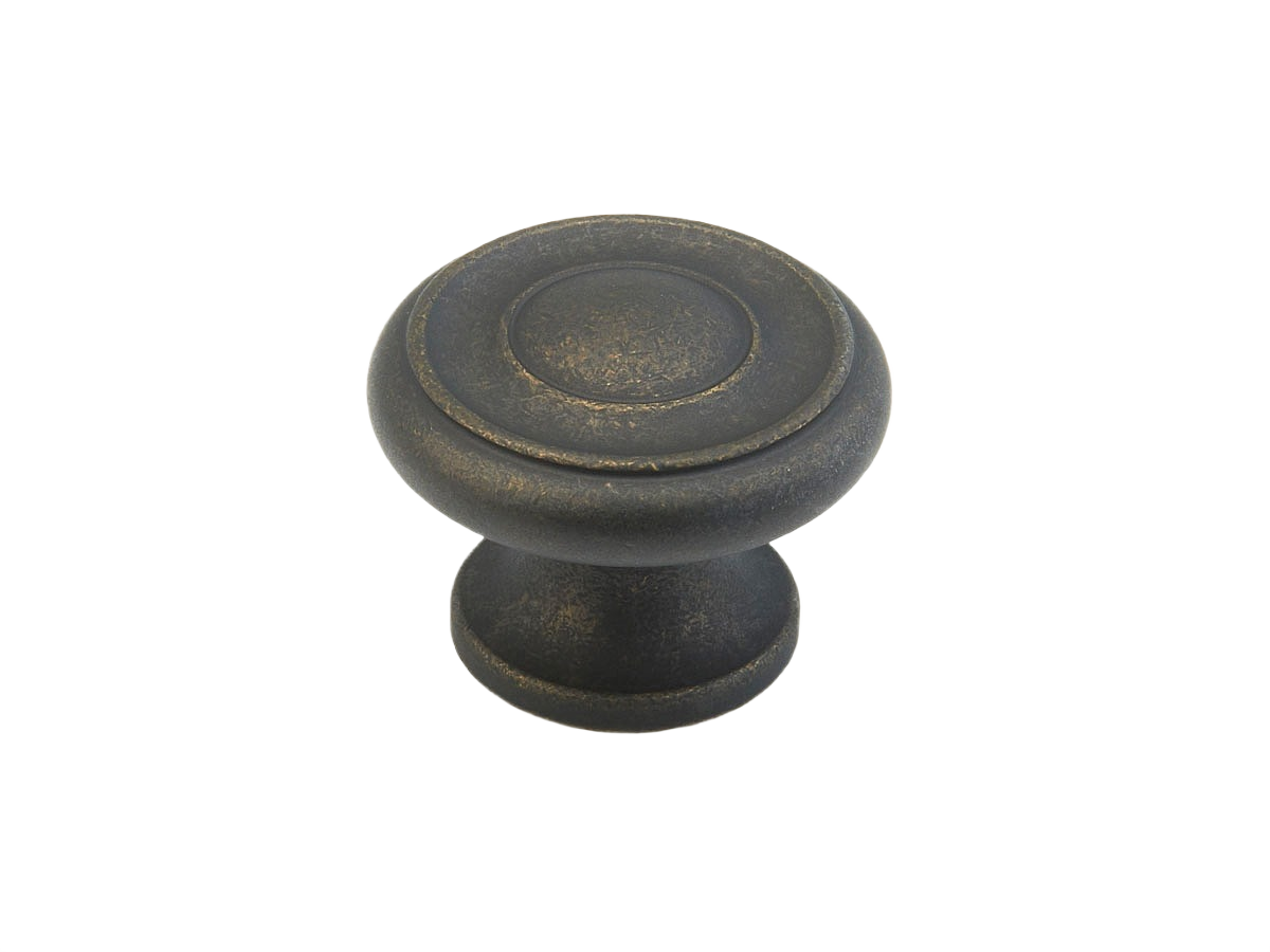 Round cabinet knob in solid brass with distressed bronze finish for furniture hardware and home improvement projects under $50 collection