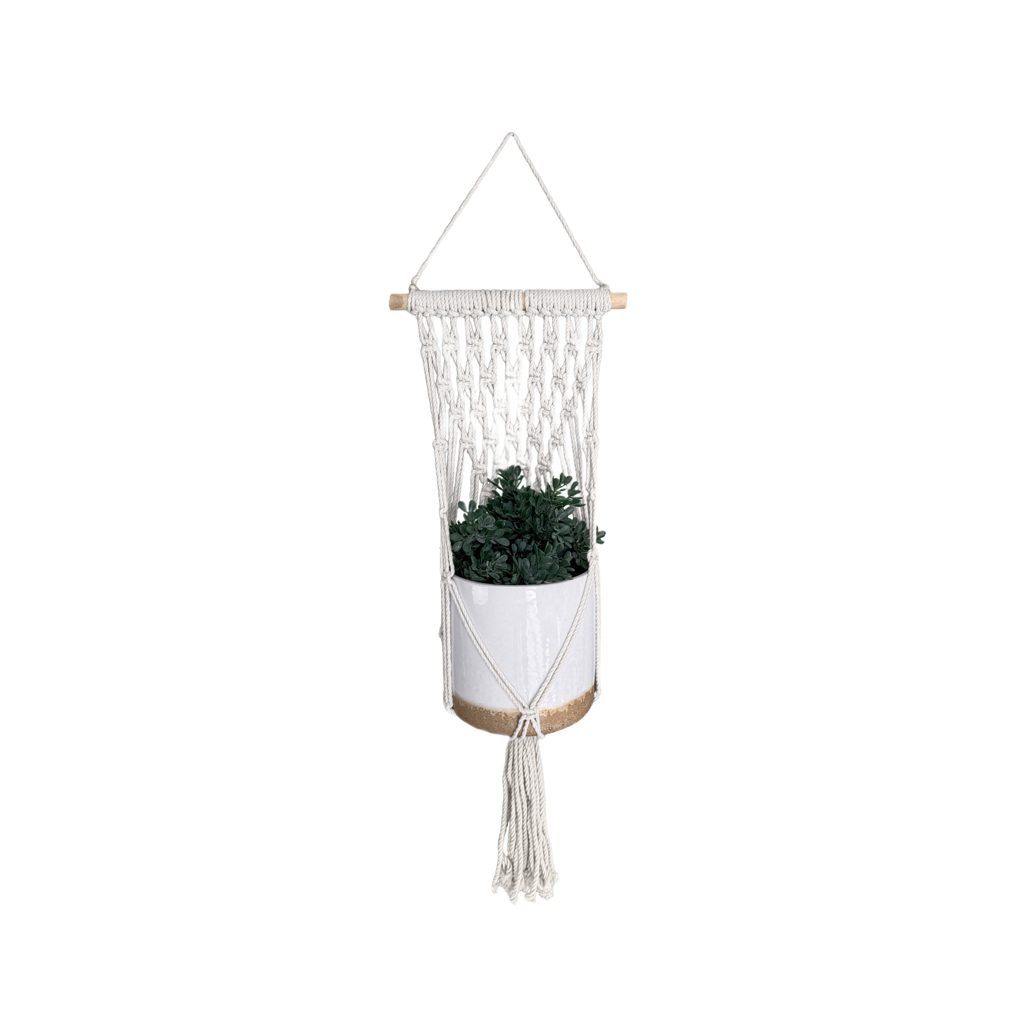 Natural cotton macrame wall hanger with wooden rod holding a potted plant for home decor and improvement projects