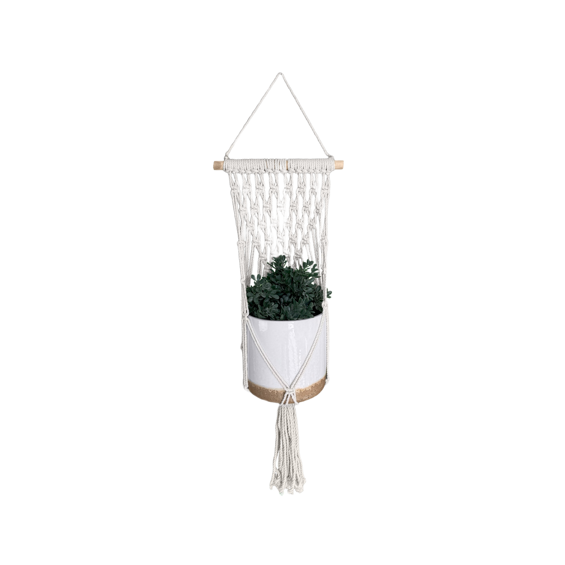 Natural cotton macrame wall hanger with wooden rod holding a potted plant for home decor and improvement projects