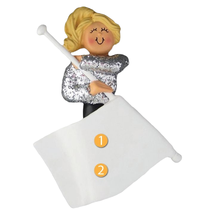 Blonde figurine holding a white flag wearing silver sparkly top, festive Christmas ornament under 50 dollars