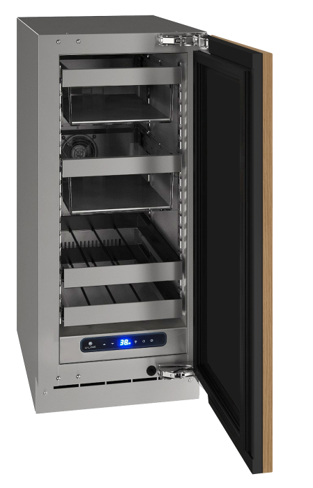 Open stainless steel beverage center with digital temperature display and adjustable shelving inside kitchen appliance collection