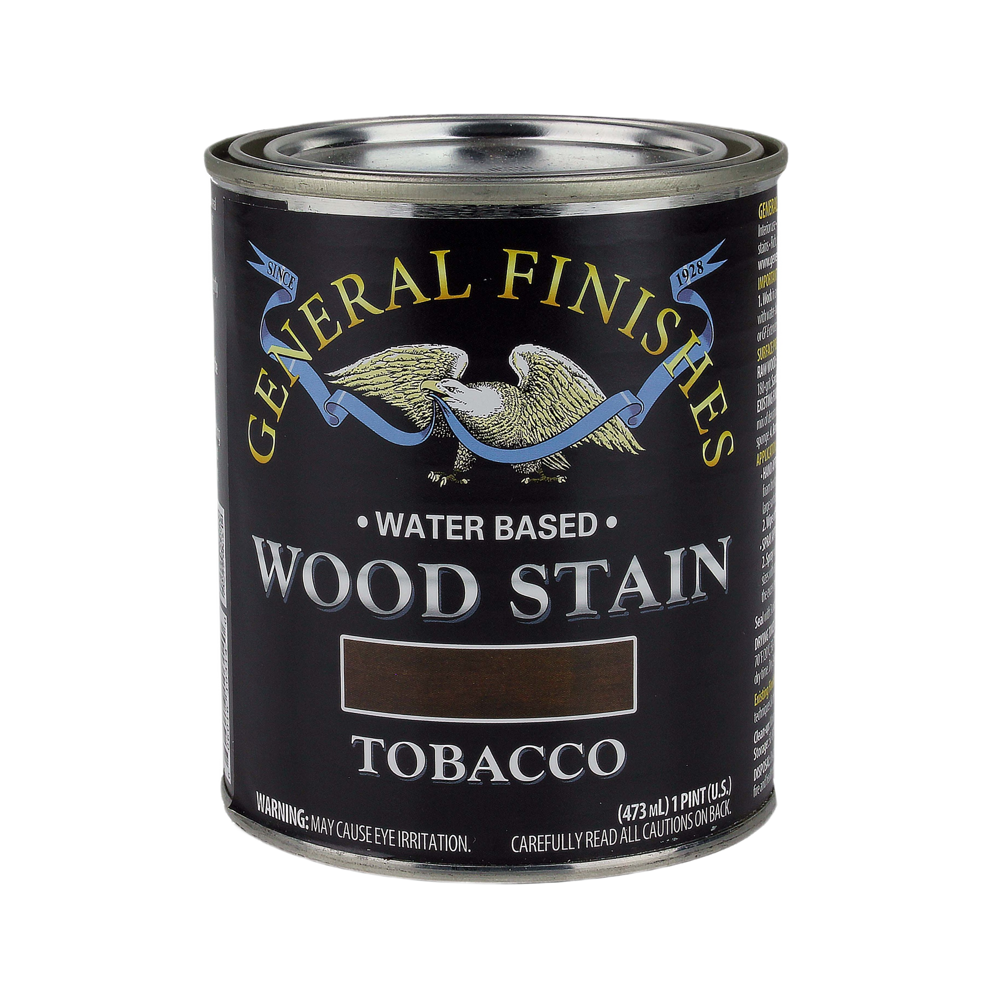 Can of General Finishes water based wood stain in tobacco color for interior wood finishing and home improvement projects