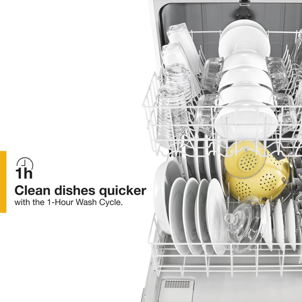 Open dishwasher loaded with clean white dishes and glassware highlighting quick 1-hour wash cycle feature