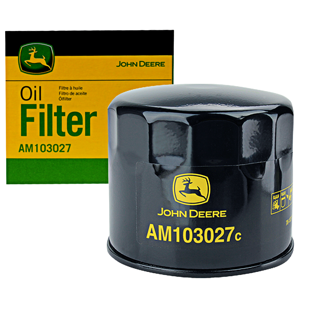 Black John Deere hydrostatic transmission oil filter with yellow logo and part number next to matching branded box