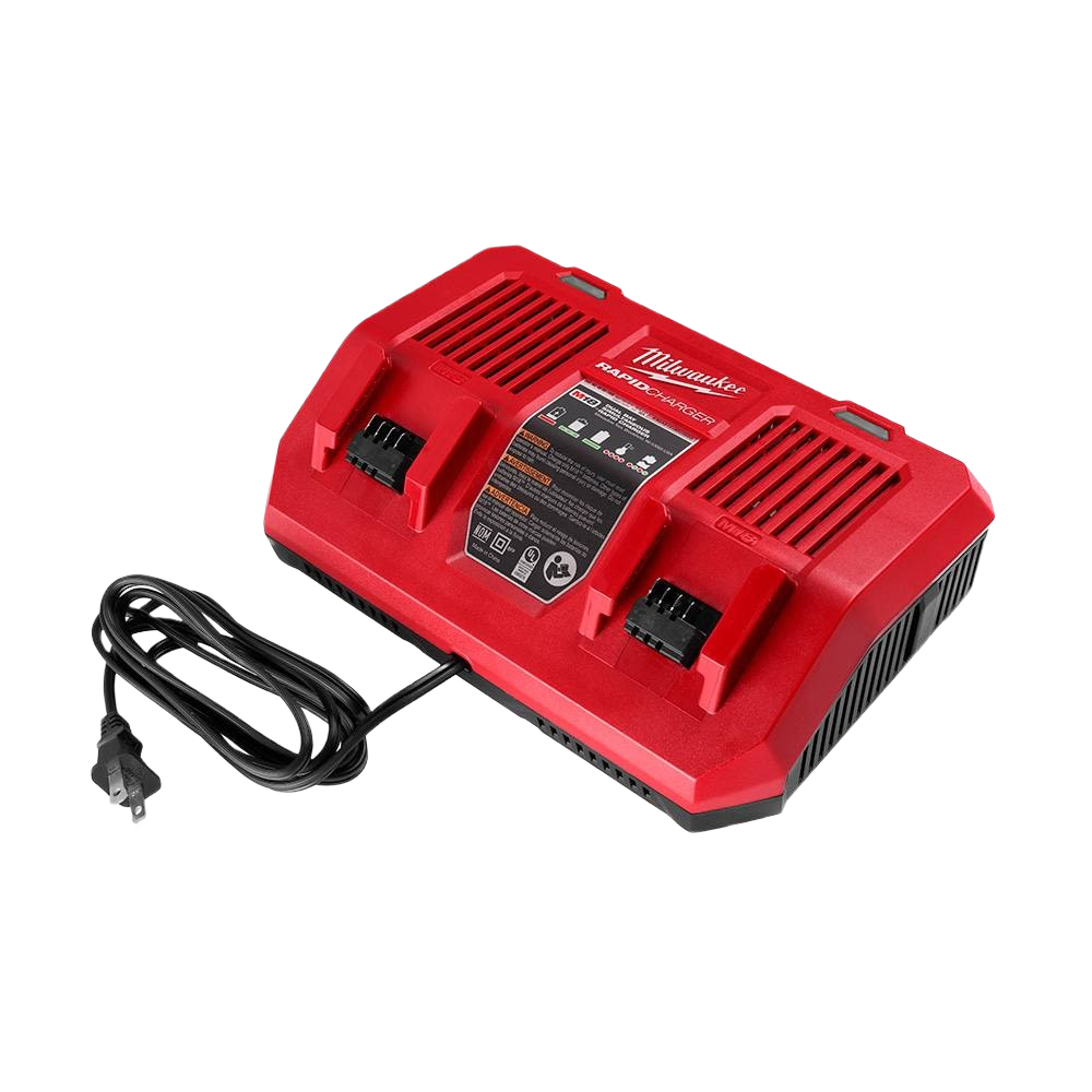 Red dual bay rapid charger for Milwaukee M18 batteries with power cord in power tool accessories collection