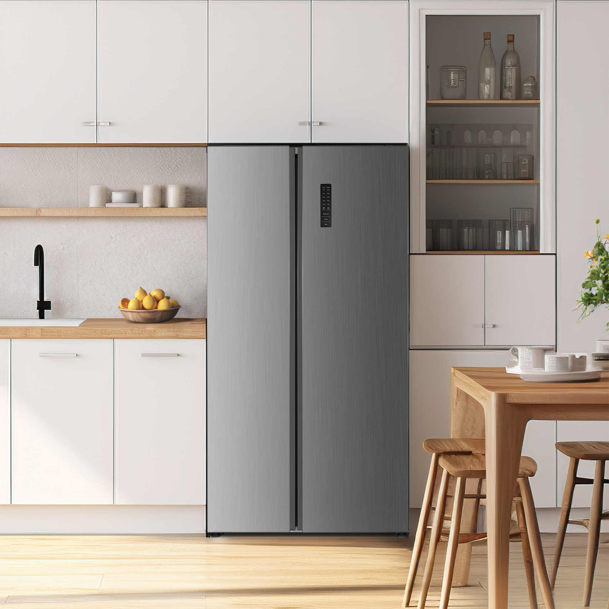 Modern stainless steel side-by-side refrigerator with digital control panel, integrated into a bright kitchen with white cabinetry and wooden accents, part of side-by-side refrigerators and kitchen appliances collections.