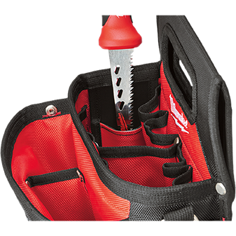Red and black Milwaukee work pouch with multiple pockets and quick adjust belt for organized tool storage and home improvement tasks