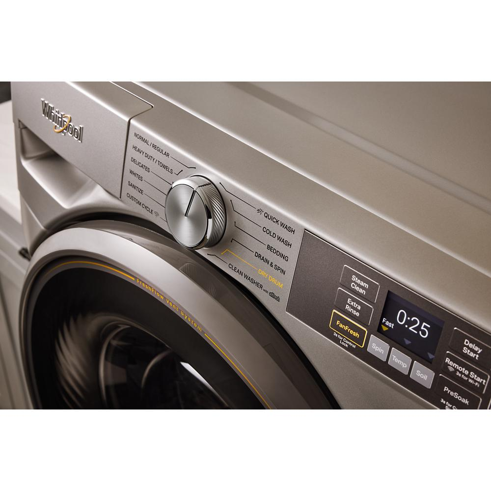 Close-up of a smart front load washer control panel with cycle selector knob and digital display from Washers & Dryers collection