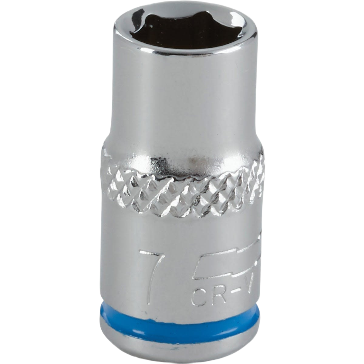 Chrome-plated 7mm 6-point shallow metric socket with blue color band for hand tools and home improvement collections