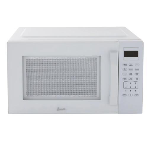 white countertop microwave oven with digital keypad and small display for kitchen appliances and home improvement