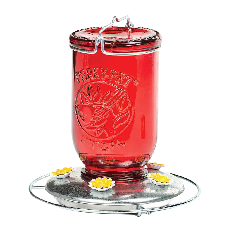 Red glass hummingbird feeder jar with metal base and yellow flower-shaped feeding ports for outdoor bird supplies.