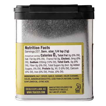 Metal container of Traeger Blackened Saskatchewan Rub showing nutrition facts and ingredients for grilling and outdoor living collections
