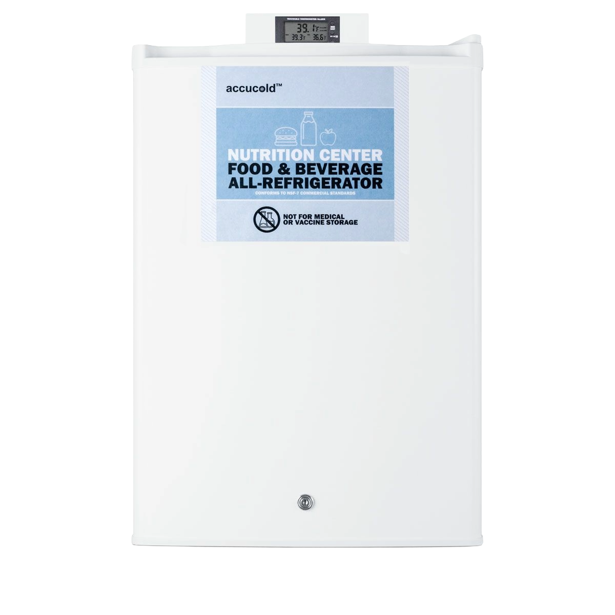 White compact all-refrigerator with digital temperature display and Nutrition Center label for food and beverage storage