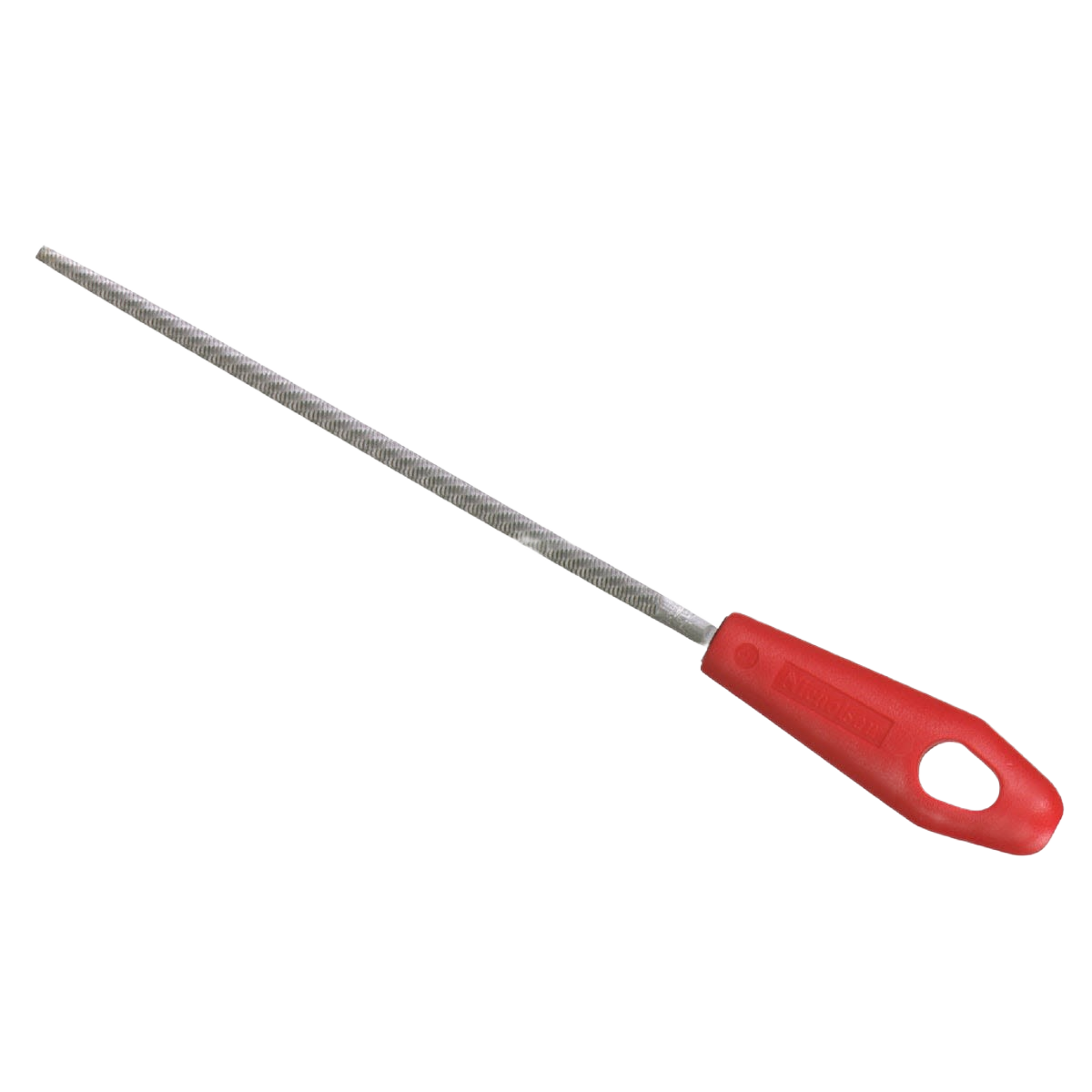8-inch round bastard file with textured steel surface and ergonomic red handle for precise metal shaping tasks