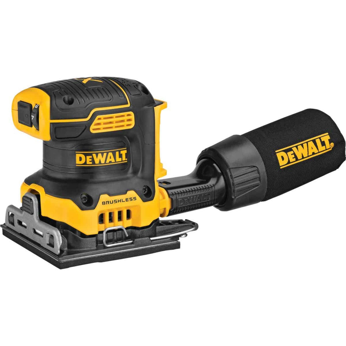 Compact yellow and black cordless variable speed sander with dust collection bag for tools and home improvement tasks