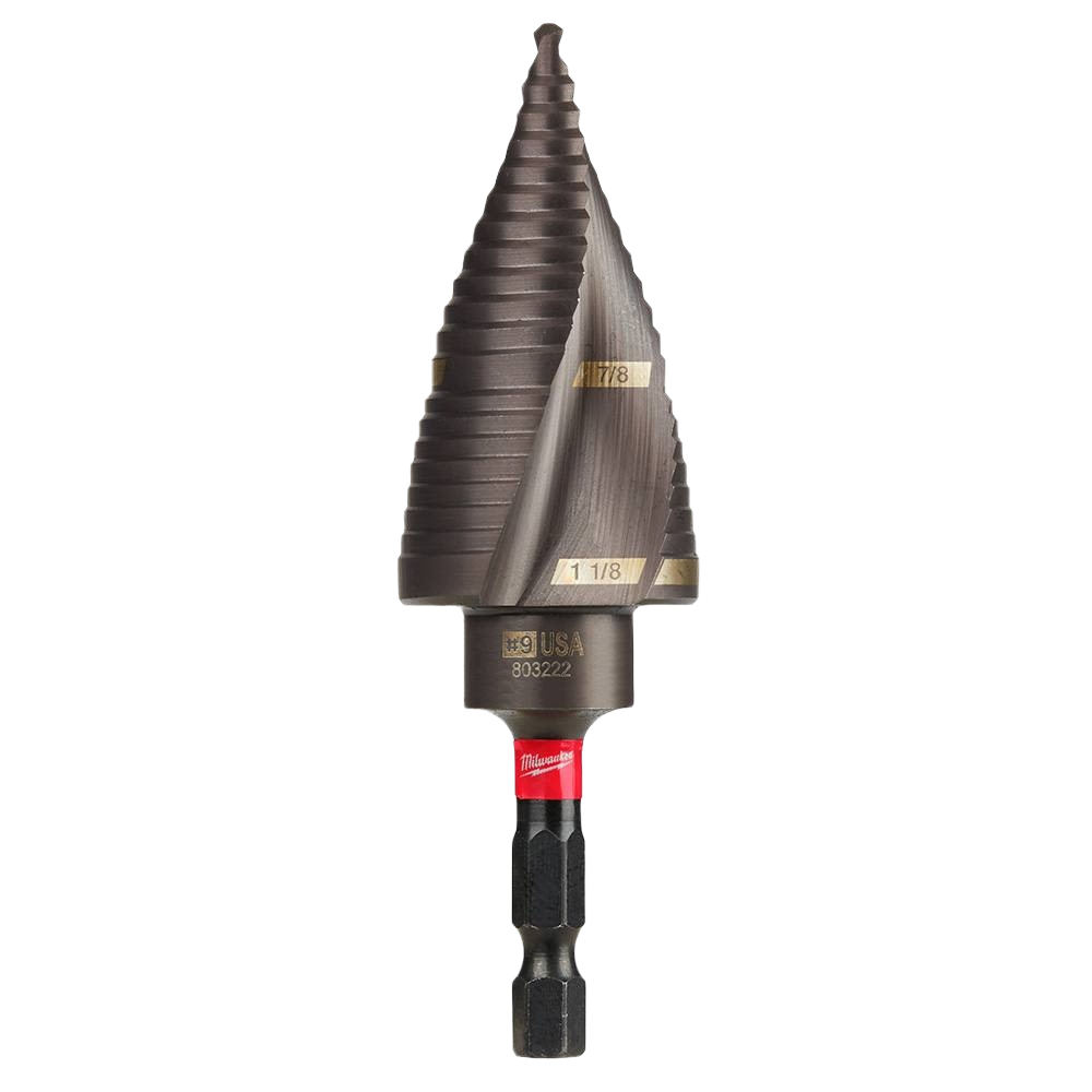 Step drill bit with blackened stepped cutting edges and hex shank for power tool accessories and home improvement projects