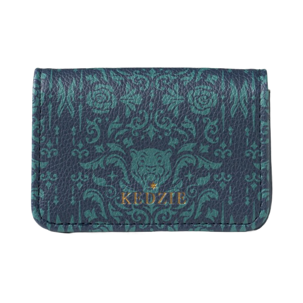 Compact vegan leather card wallet with floral and lion emblem pattern, goldtone logo, part of accessories under $50 collection
