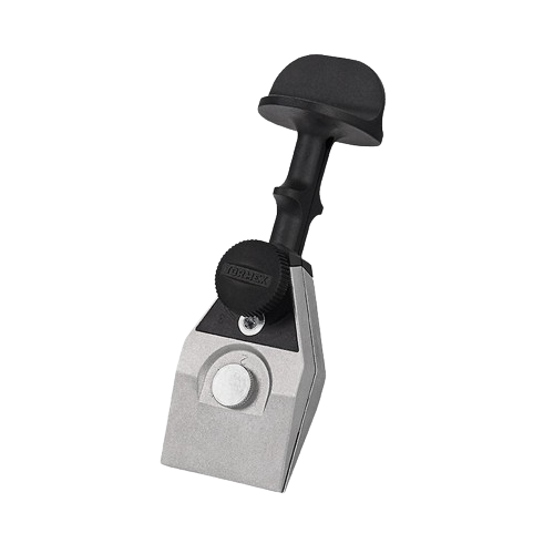Metal centering knife jig with black adjustment knob and ergonomic handle for precision sharpening in tools and home improvement