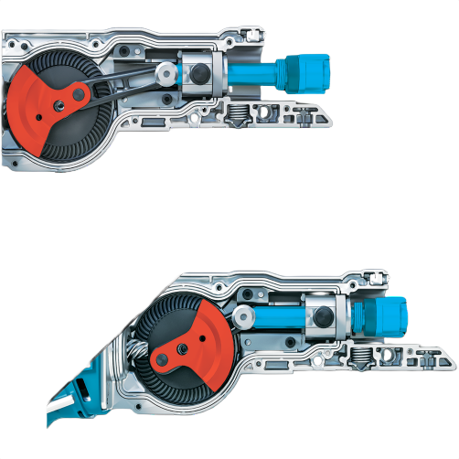 Detailed cutaway view of a cordless reciprocating saw mechanism showing internal gear and piston components for tool innovation