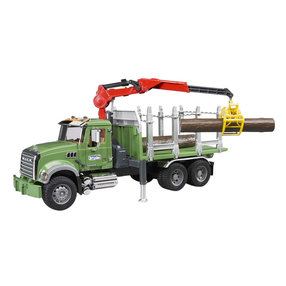 Green Bruder MACK timber truck toy with red loading crane and logs in Vehicles & Remote Controlled Toys collection