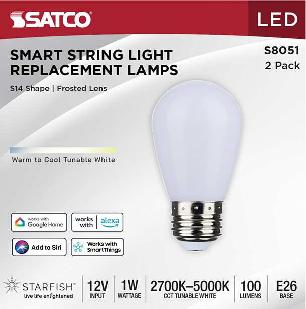 Satco smart LED replacement lamp with frosted lens for outdoor string lights, tunable white, E26 base, under $50
