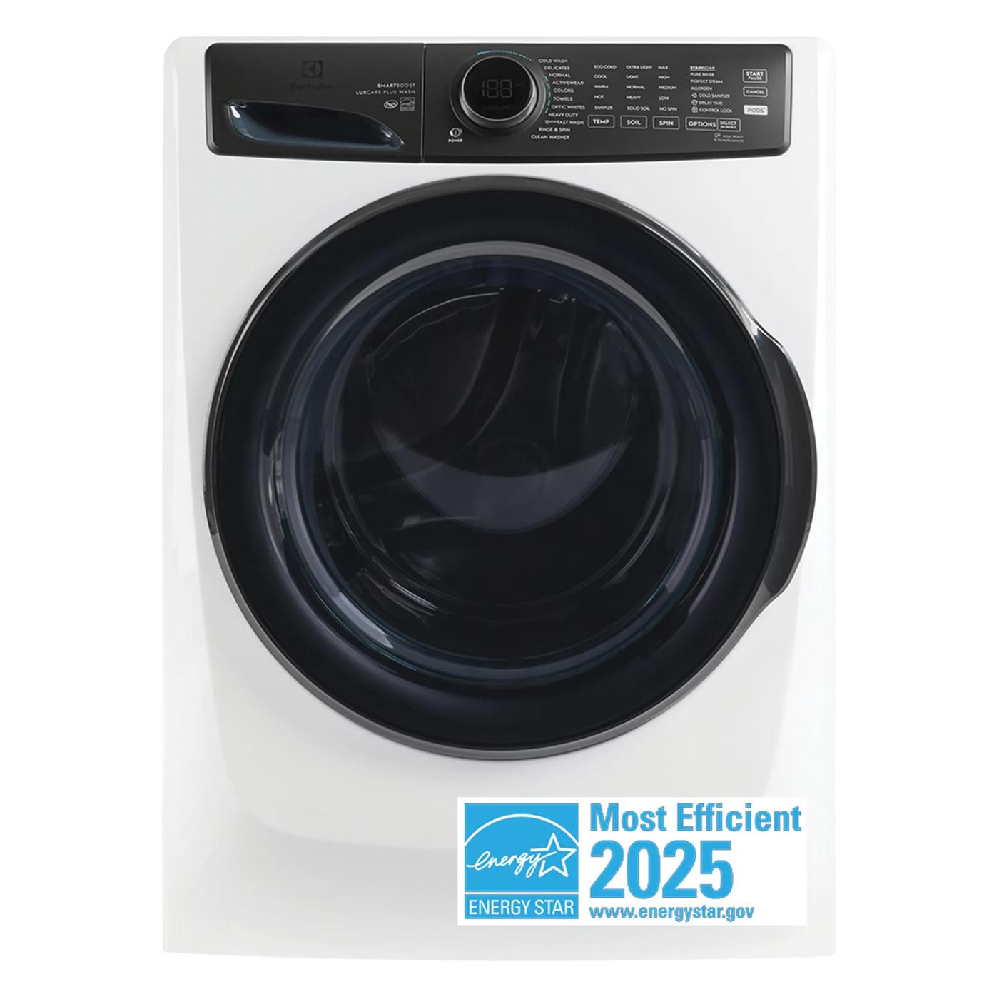 White front load washer with large black door and digital control panel in front load washers and appliances collections