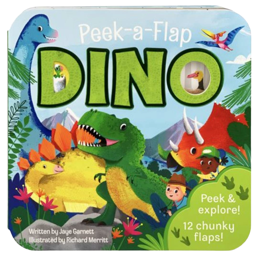 Colorful children's board book cover with playful dinosaurs and 12 interactive peek-a-flap features in Books collection