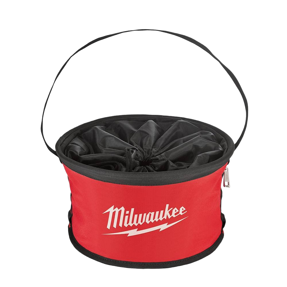 Red canvas parachute-style organizer bag with nylon base and handle for workshop and tool storage under $100