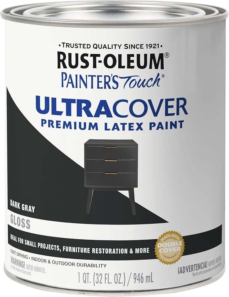Can of dark gray premium latex gloss paint ideal for small projects and furniture restoration in paint supplies collection