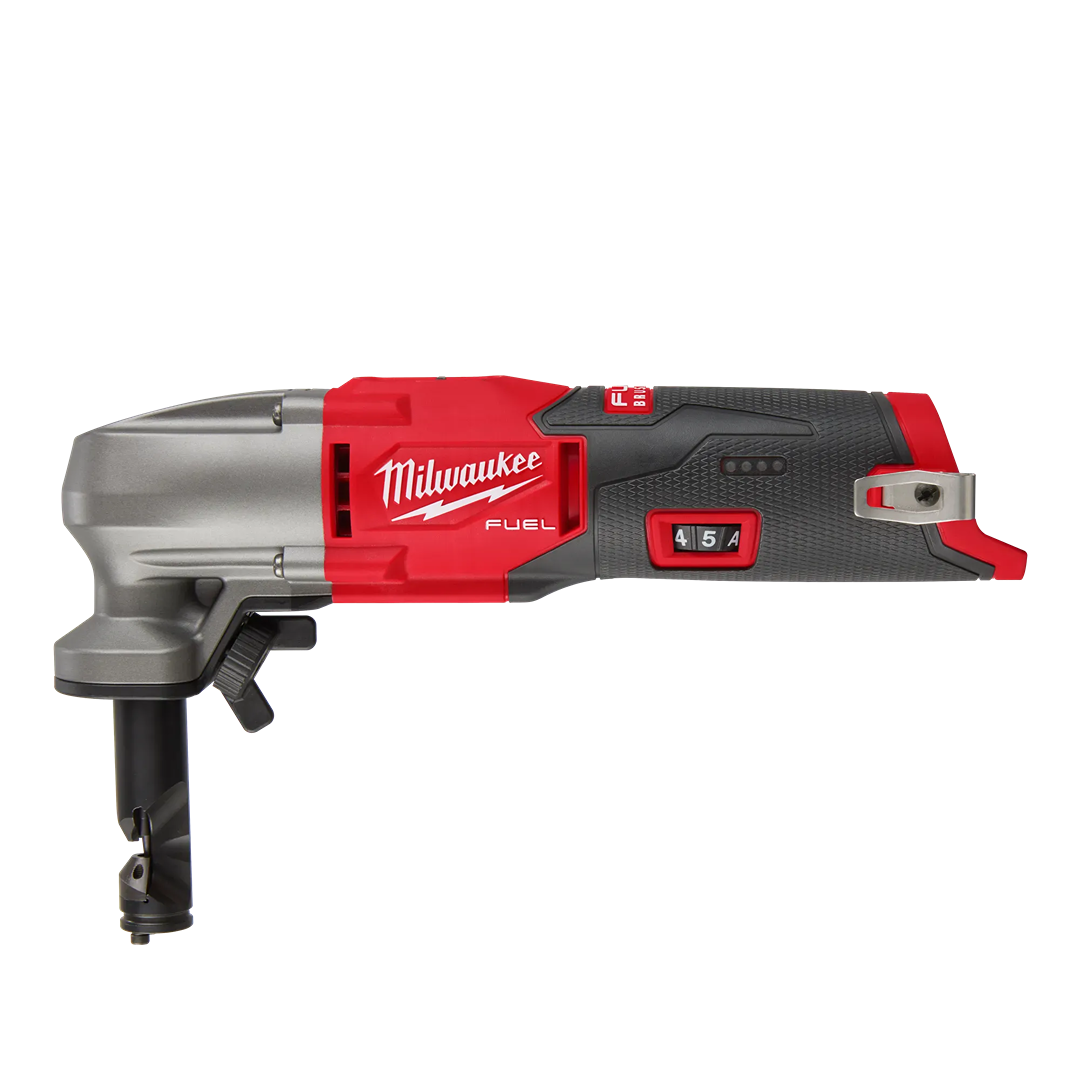 Compact red and black variable speed 16-gauge metal cutting nibbler tool for precision cutting in home improvement tasks