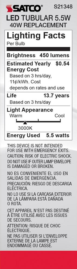 Energy-efficient Satco 5.5 watt T10 LED bulb with 450 lumens and 3000K soft white light for lighting and electrical use under $50