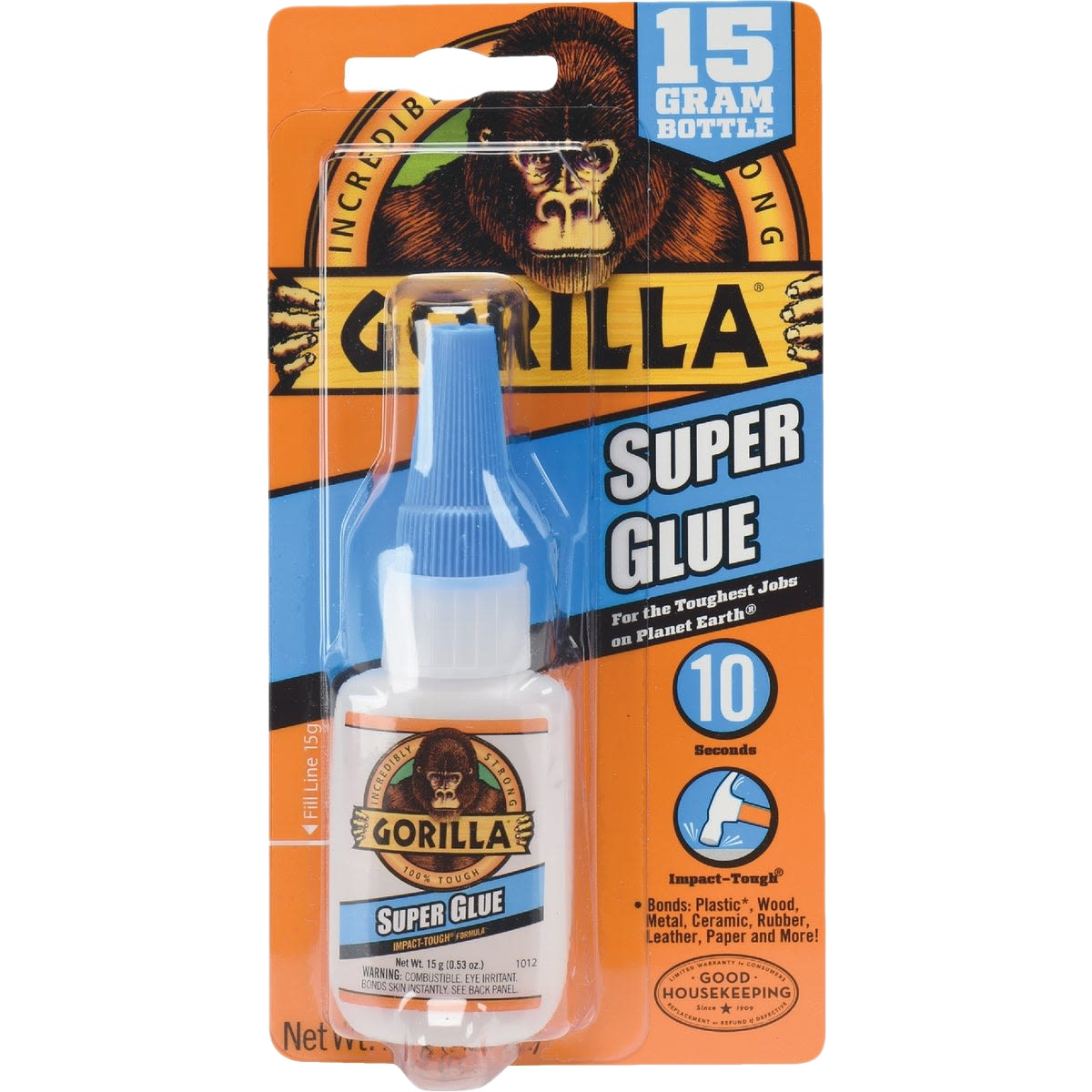 Gorilla Super Glue bottle with blue cap in orange and blue packaging for glue and adhesive projects under $25