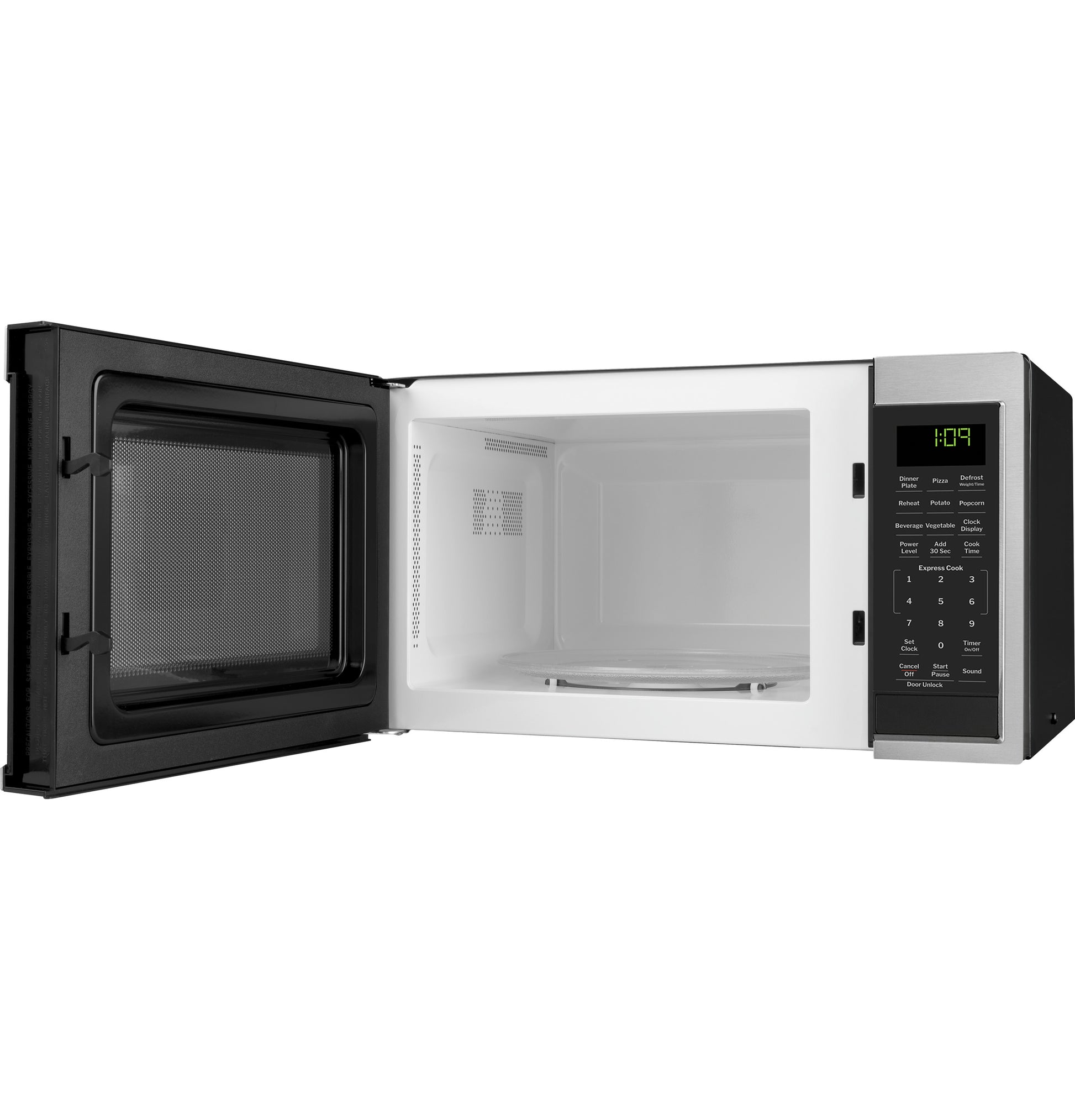 Open countertop microwave with white interior and digital control panel showing green LED clock in kitchen appliances collection