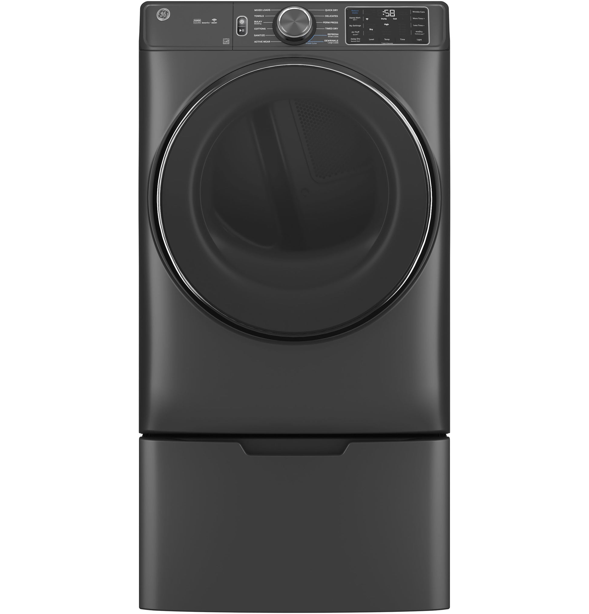 Steel gray front-load dryer with digital controls on matching pedestal in Appliance Parts & Accessories collection
