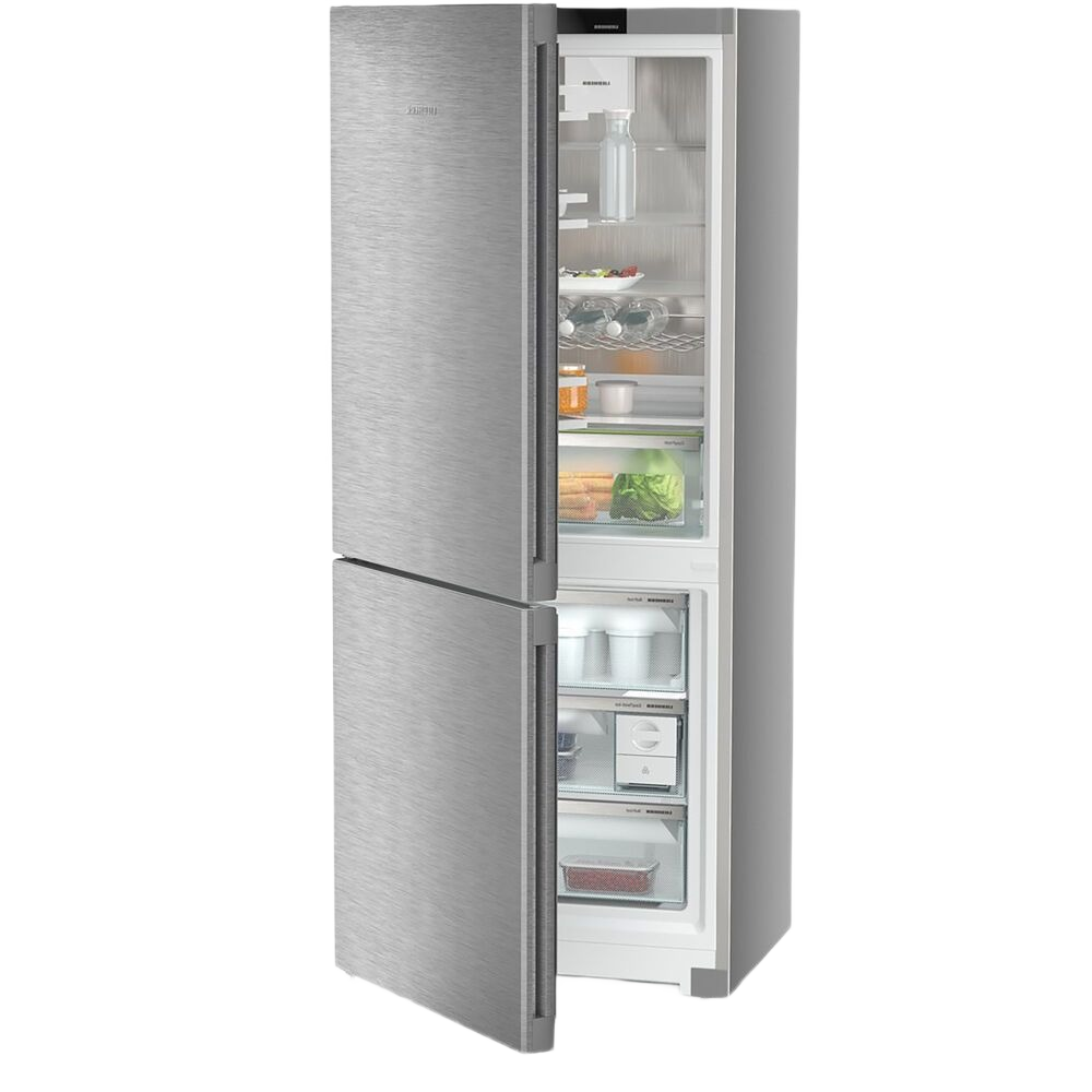 Freestanding stainless steel refrigerator and freezer with open doors showing organized interior shelves in kitchen appliances collection
